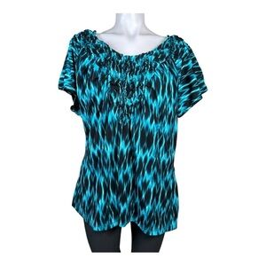 Worthington Petite Women’s Black Blue V Neck Blouse Size 2X Cap sleeve